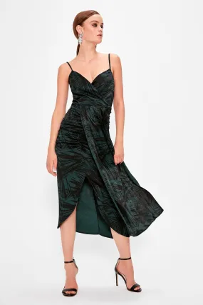 13361 Green-Black Draped Strap Dress