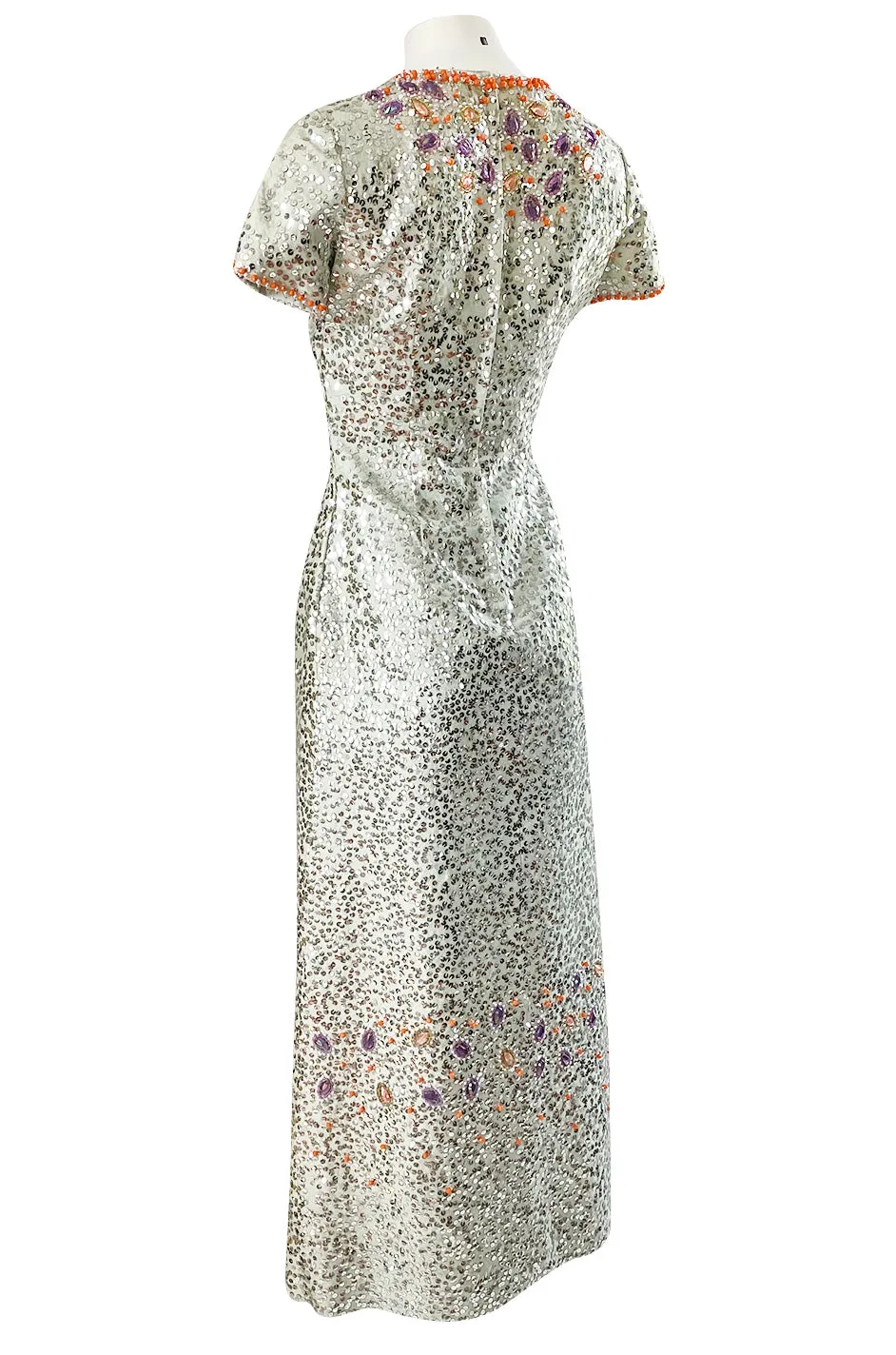 1960s Gene Shelley Pale Ice Blue Silk Dress w Silver Sequins & Beads