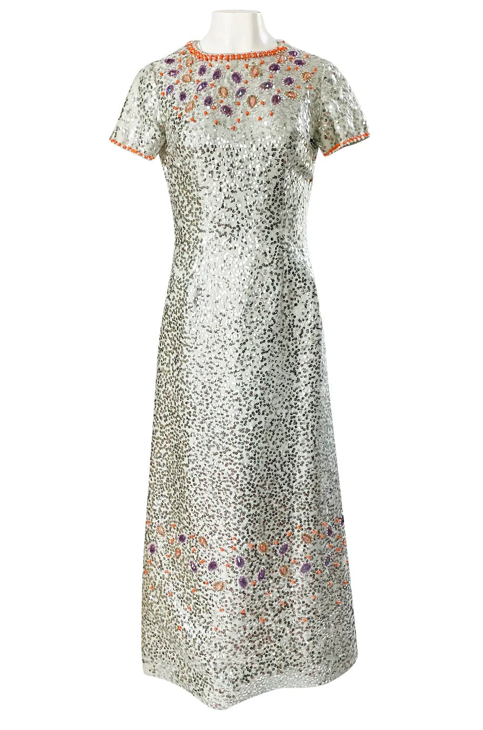 1960s Gene Shelley Pale Ice Blue Silk Dress w Silver Sequins & Beads