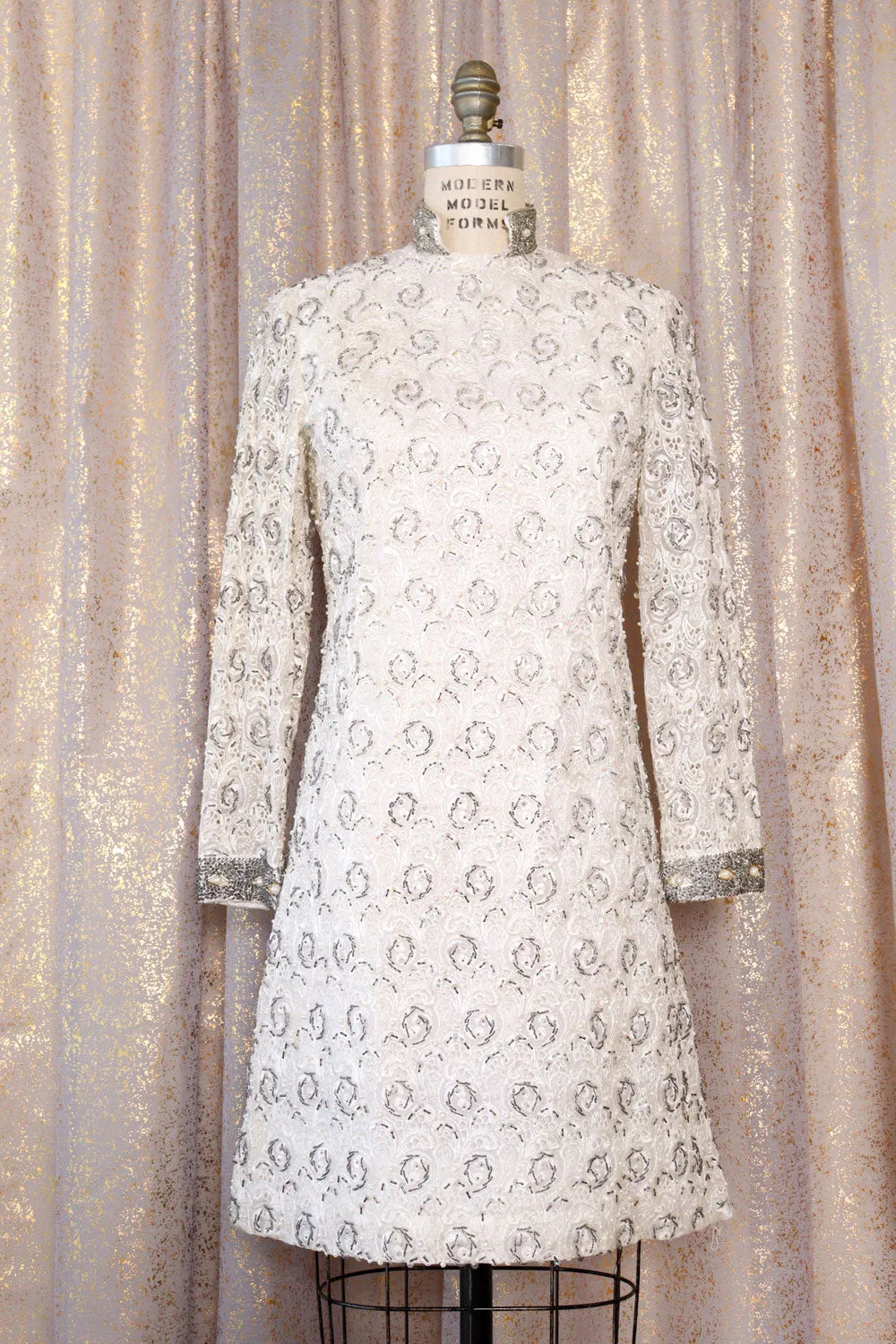 1960s Icy Beaded Shift Dress S