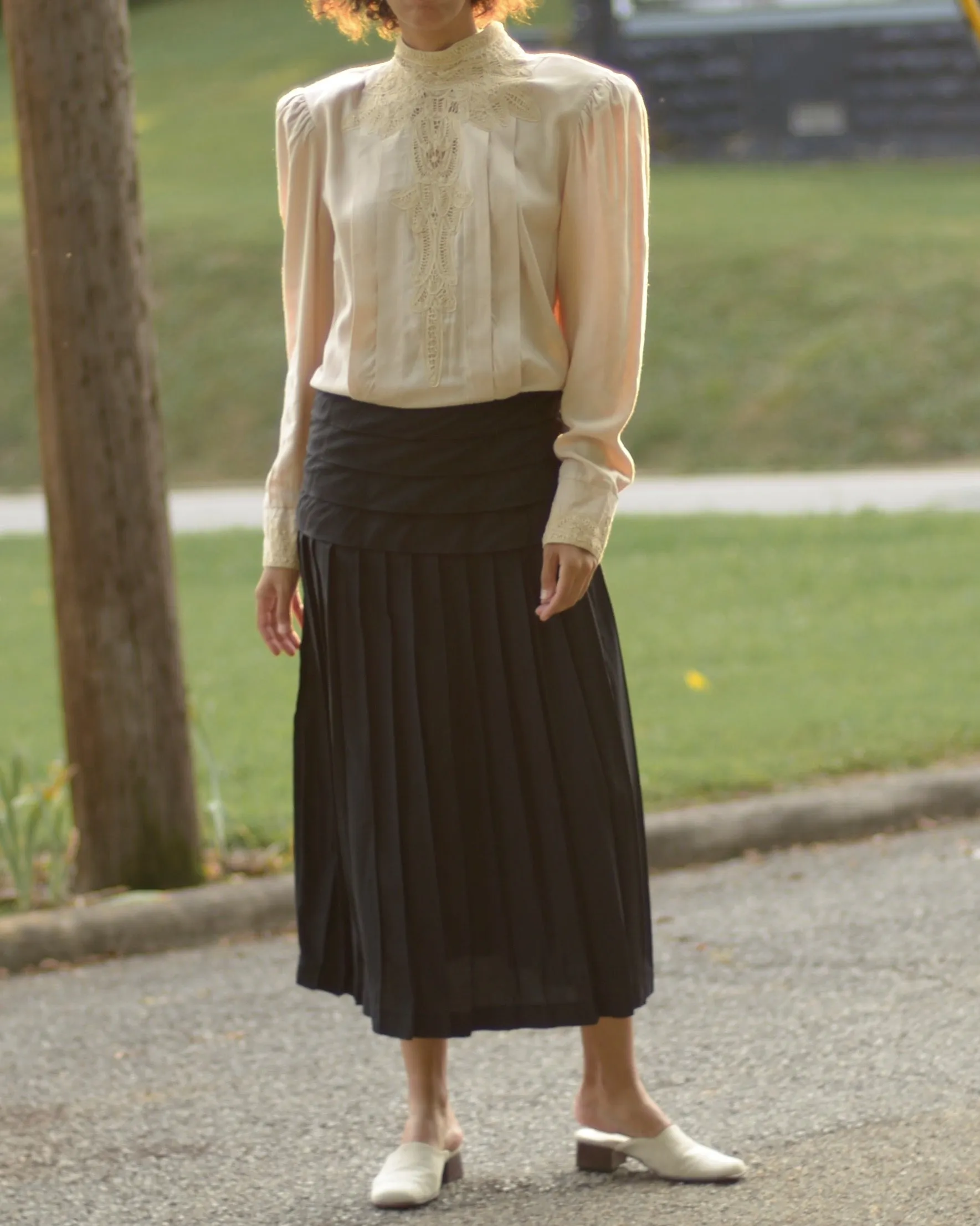 1980s Victorian style two tone battenburg lace drop waist dress, fits up to large