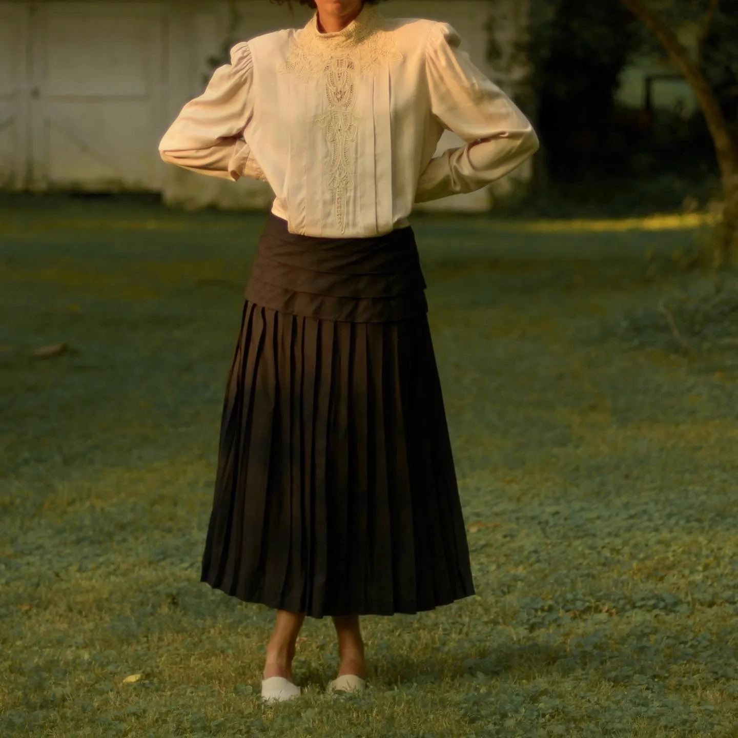 1980s Victorian style two tone battenburg lace drop waist dress, fits up to large