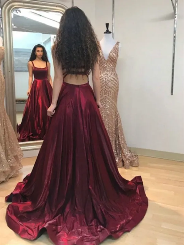 A Line Spaghetti Straps Backless Burgundy Satin Long Prom with Pocket, Burgundy Formal, Burgundy Evening