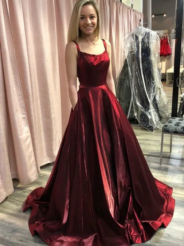 A Line Spaghetti Straps Backless Burgundy Satin Long Prom with Pocket, Burgundy Formal, Burgundy Evening