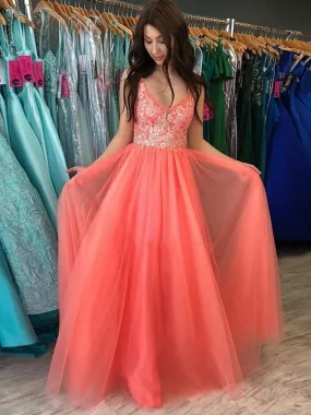 A Line V Neck Backless Coral Lace Long Prom, Backless Coral Lace Formal, Coral Lace Evening