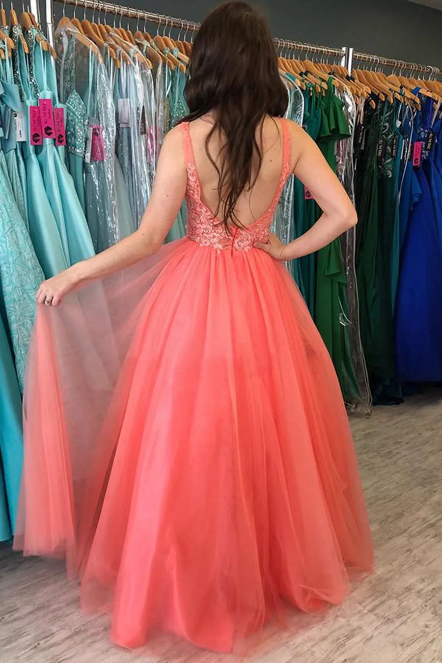 A Line V Neck Backless Coral Lace Long Prom, Backless Coral Lace Formal, Coral Lace Evening