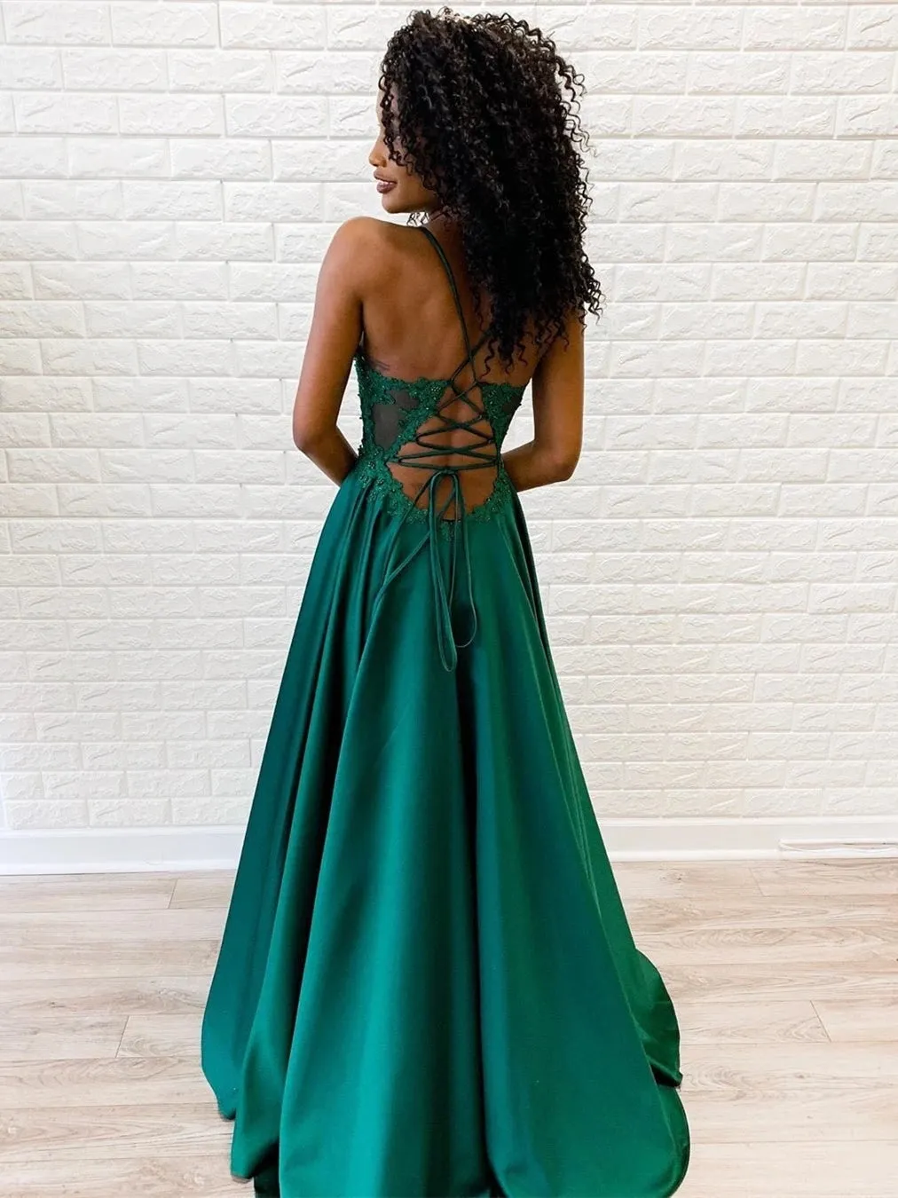 A Line V Neck Backless Lace Green Prom with Split, Backless Green Lace Formal, Green Lace Evening