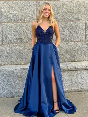 A Line V Neck Blue Lace Beaded Long Prom, Blue Lace Formal, Blue Evening