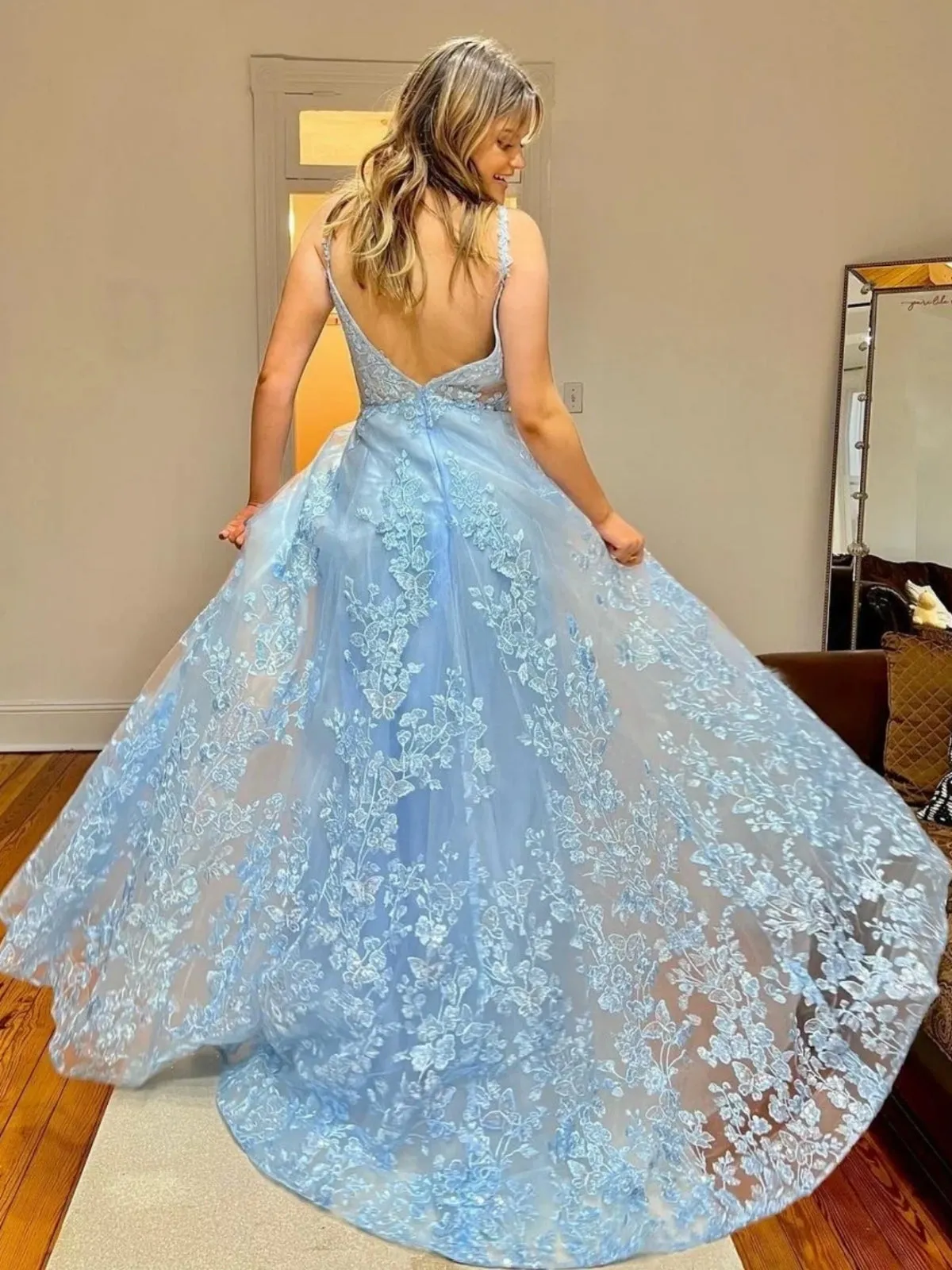 A Line V Neck Light Blue Lace Long Prom Dresses, Light Blue Floral Formal Graduation Evening Dresses SP2633