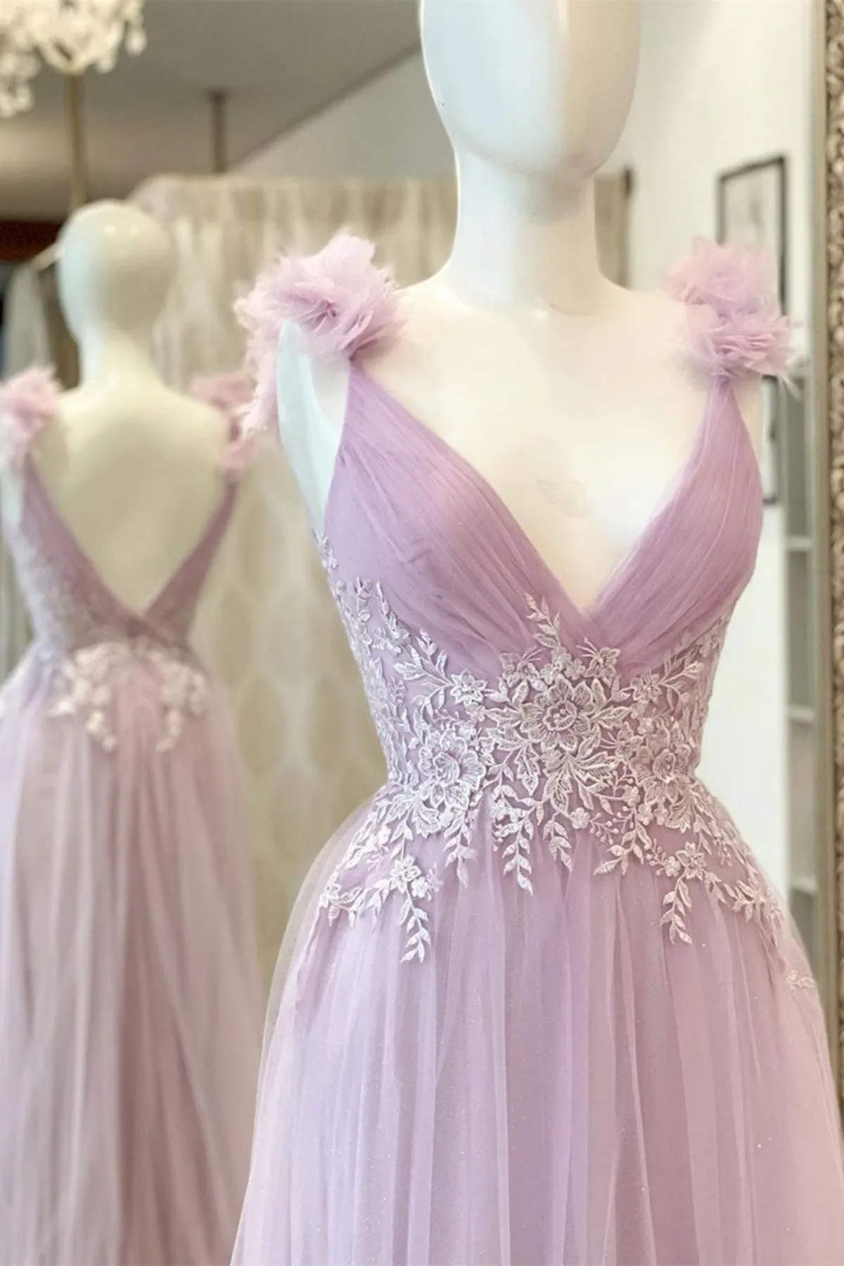 A Line V Neck Purple Lace Long Prom Dress, Purple Lace Formal Dress, Lilac Evening Dress A1722