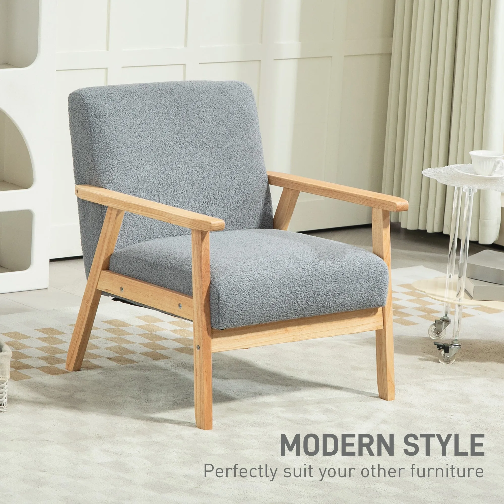 Accent Chair with Wood Frame Wide Seat Cashmere Armchair Grey