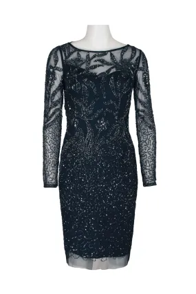 Adrianna Papell Boat Neck Long Sleeve Illusion Sequined Beaded Zipper Back Bodycon Mesh Dress