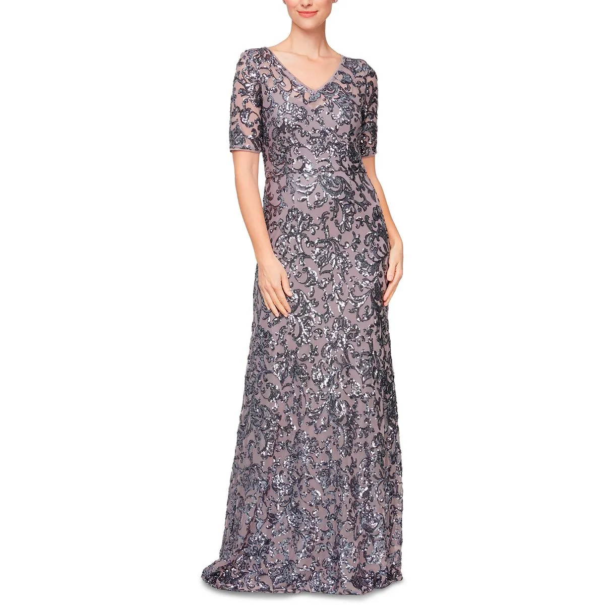 Alex Evenings Womens Sequined Long Evening Dress