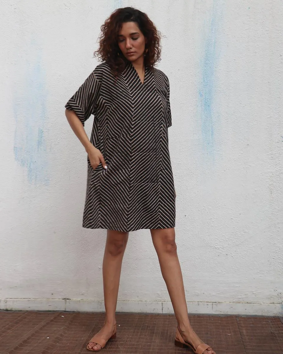 Almond Butter  Handblock Printed Cotton Dress - Mono