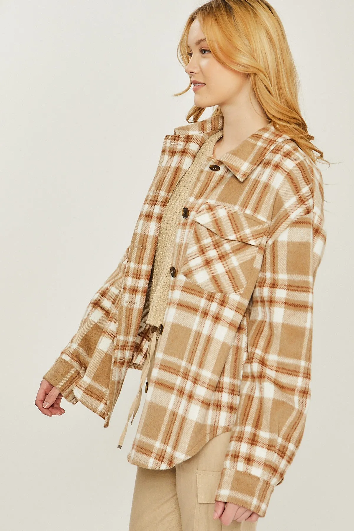 amanda camel woven plaid shacket