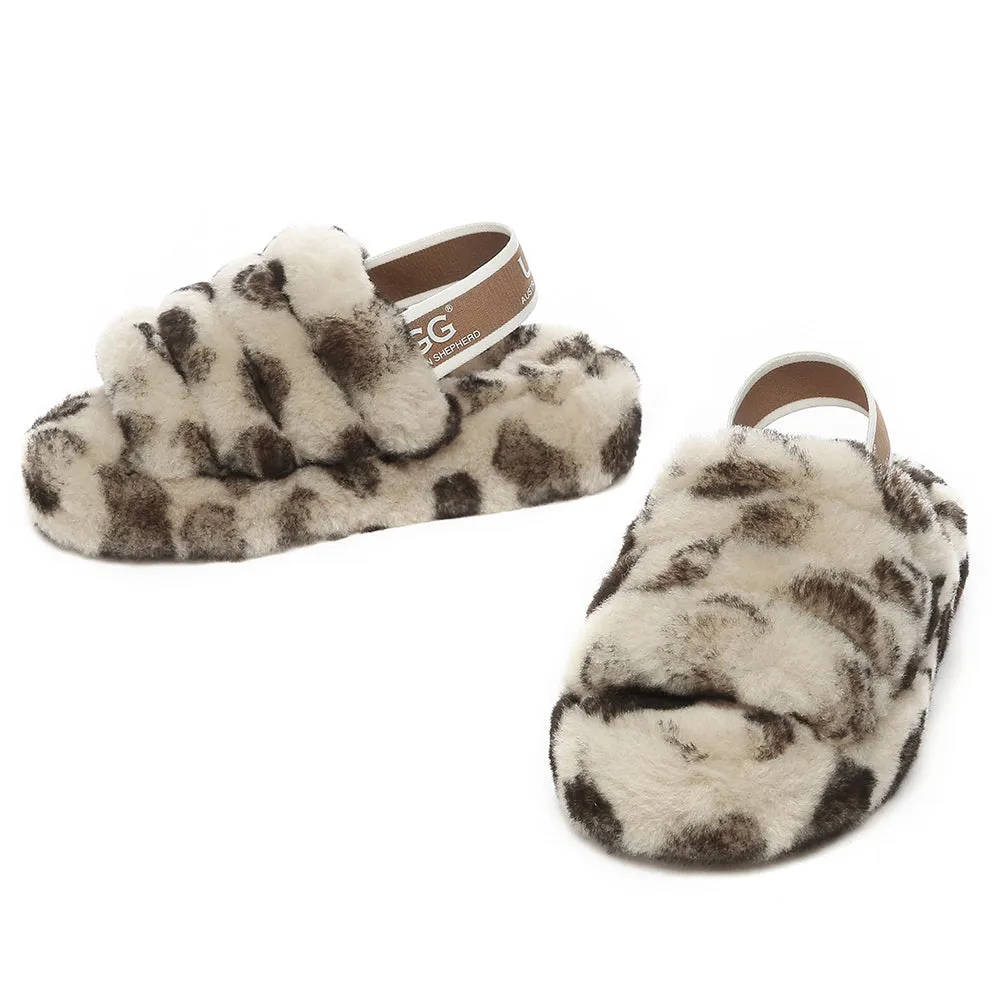 AUSTRALIAN SHEPHERD UGG Kids Fluffy Slides Slingback Leopard Puffy #AS2066K