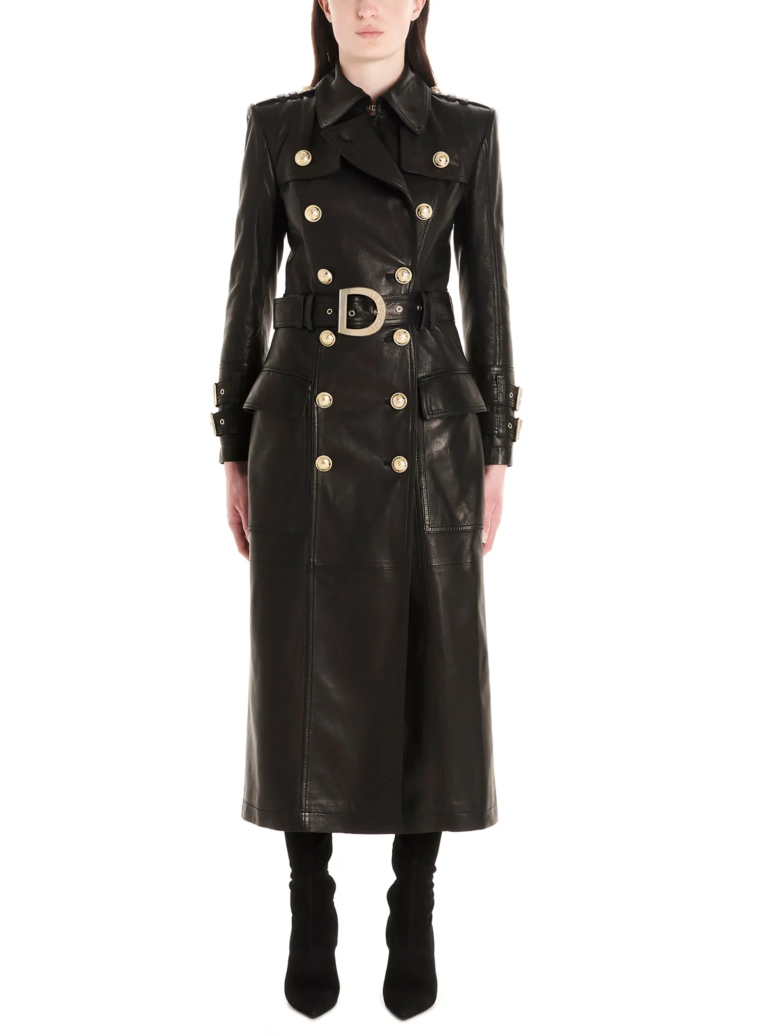 Balmain Belted Leather Trench Coat