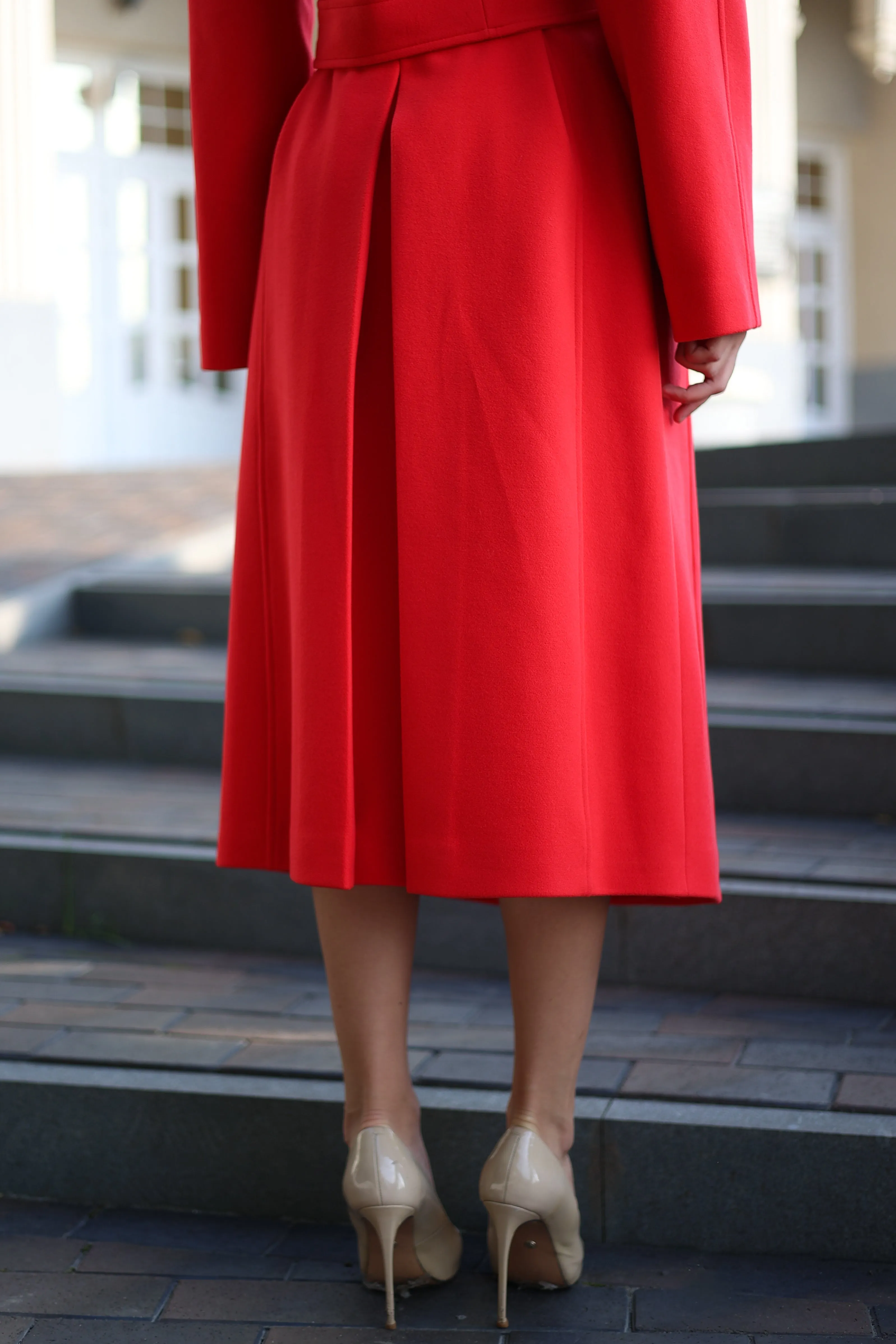 Band Collar Wool Blend Coat in Red