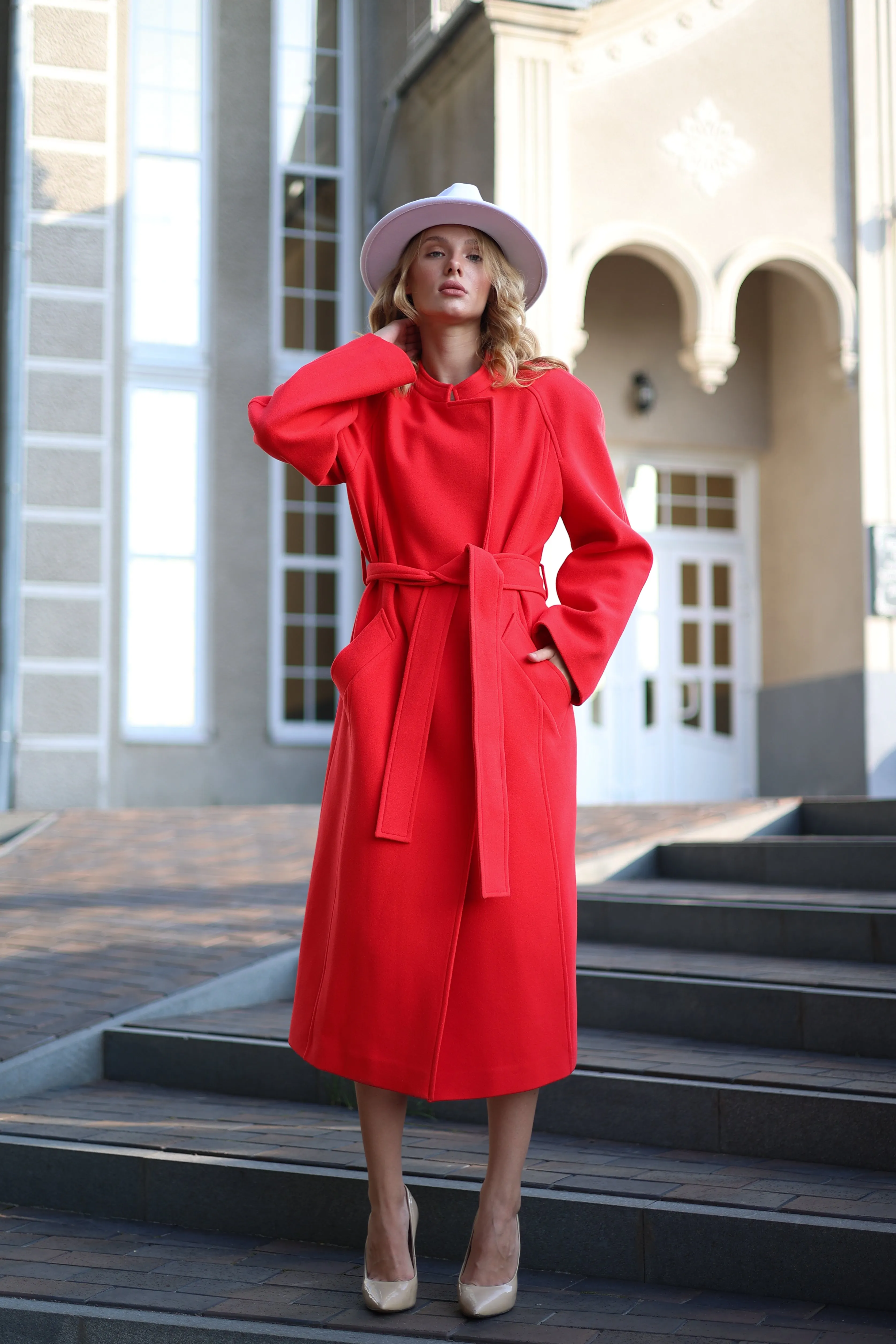 Band Collar Wool Blend Coat in Red