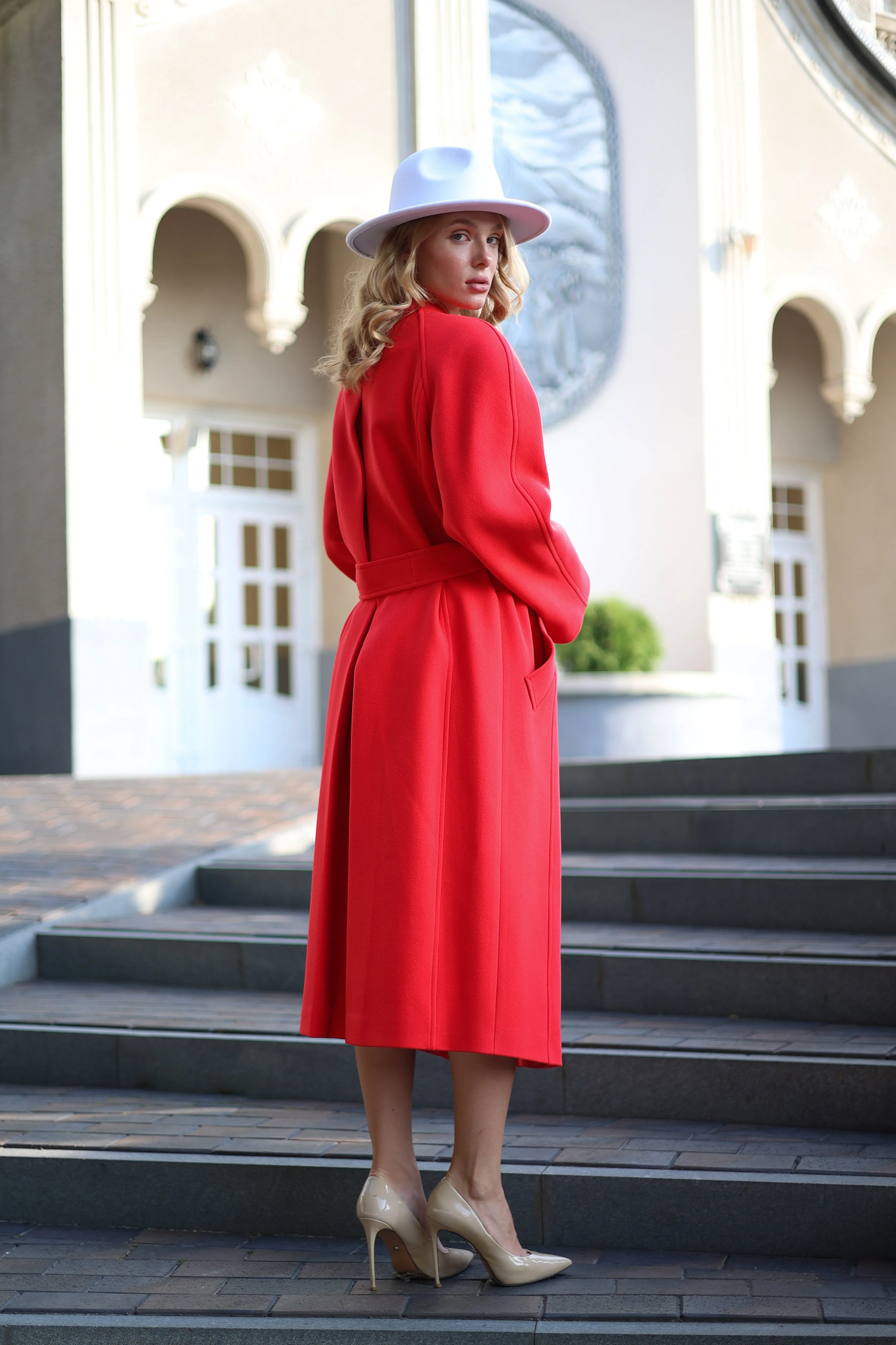 Band Collar Wool Blend Coat in Red