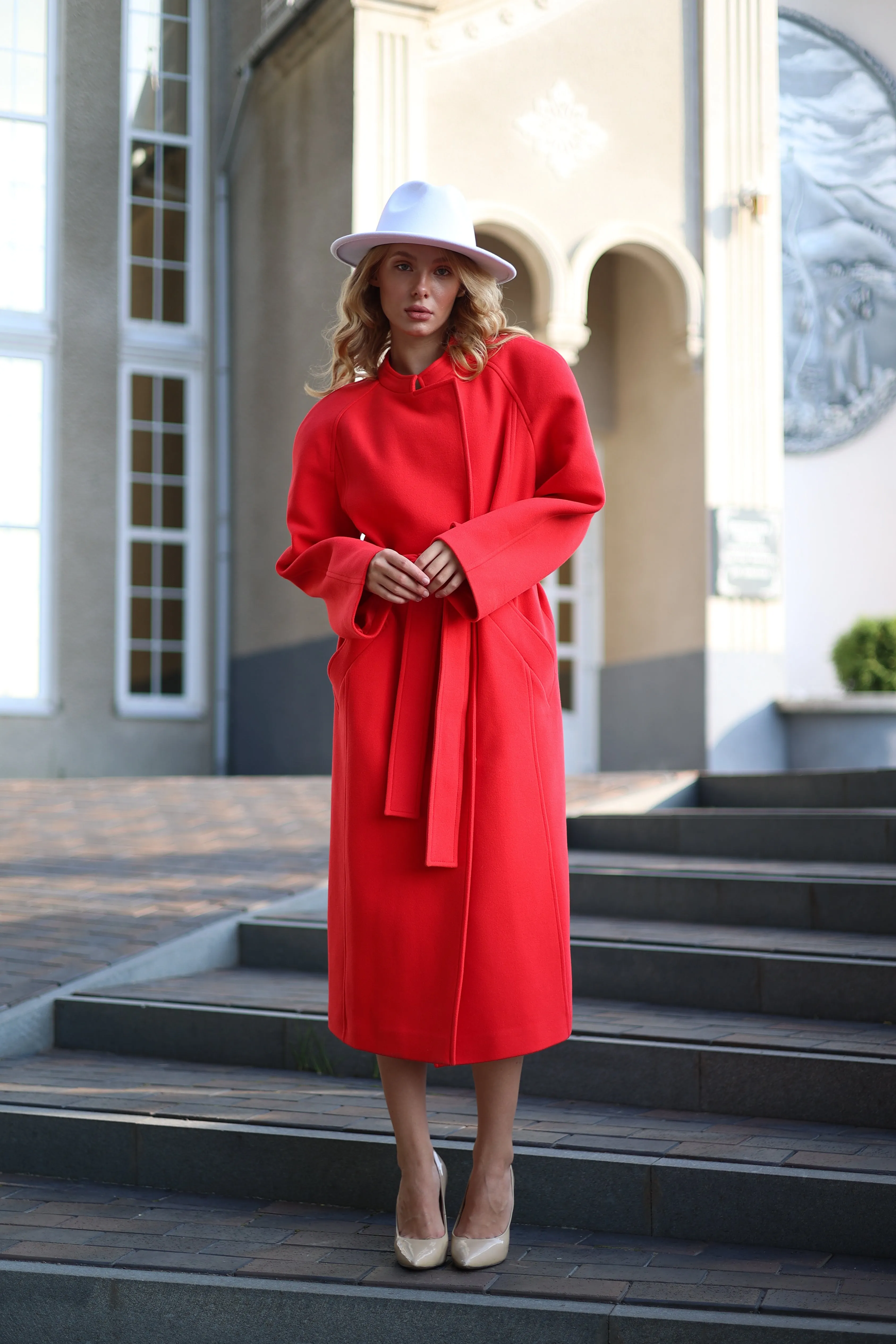 Band Collar Wool Blend Coat in Red