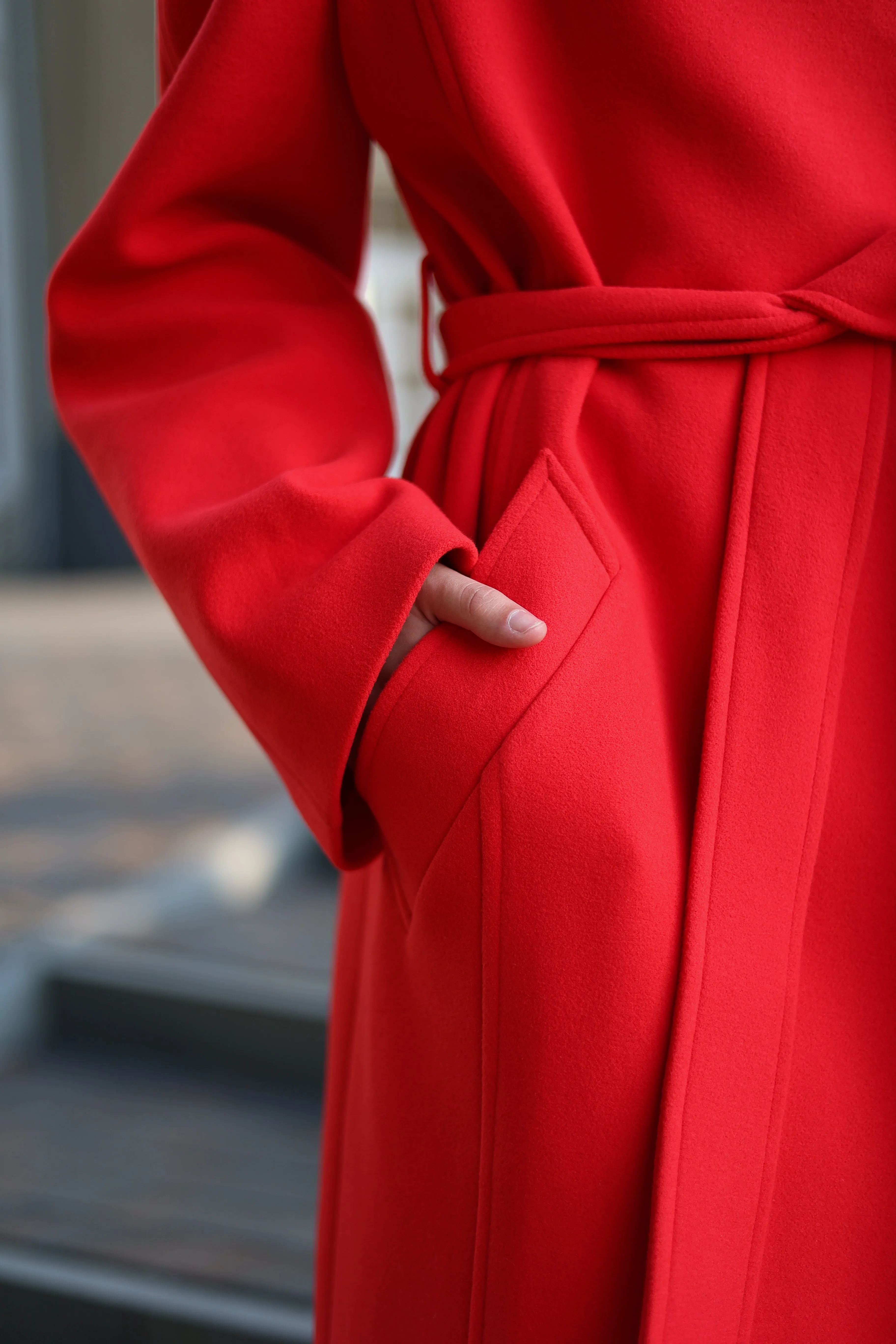 Band Collar Wool Blend Coat in Red