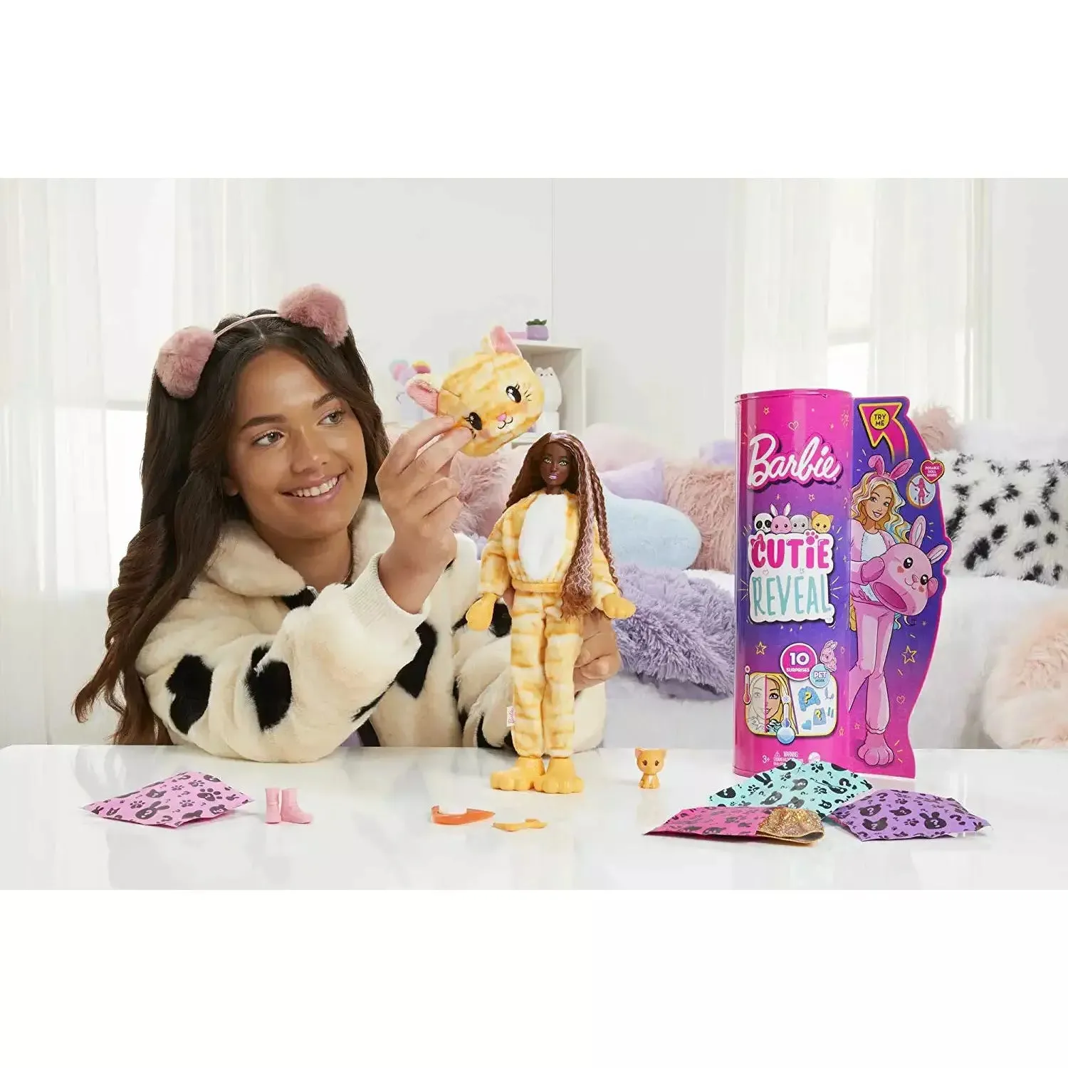 Barbie Cutie Reveal Doll With Kitty Plush Costume & 10 Surprises Including Mini Pet & Color Change