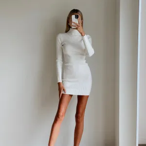 BASTET White High Neck Long Sleeve Bodycon Knit Mini Dress