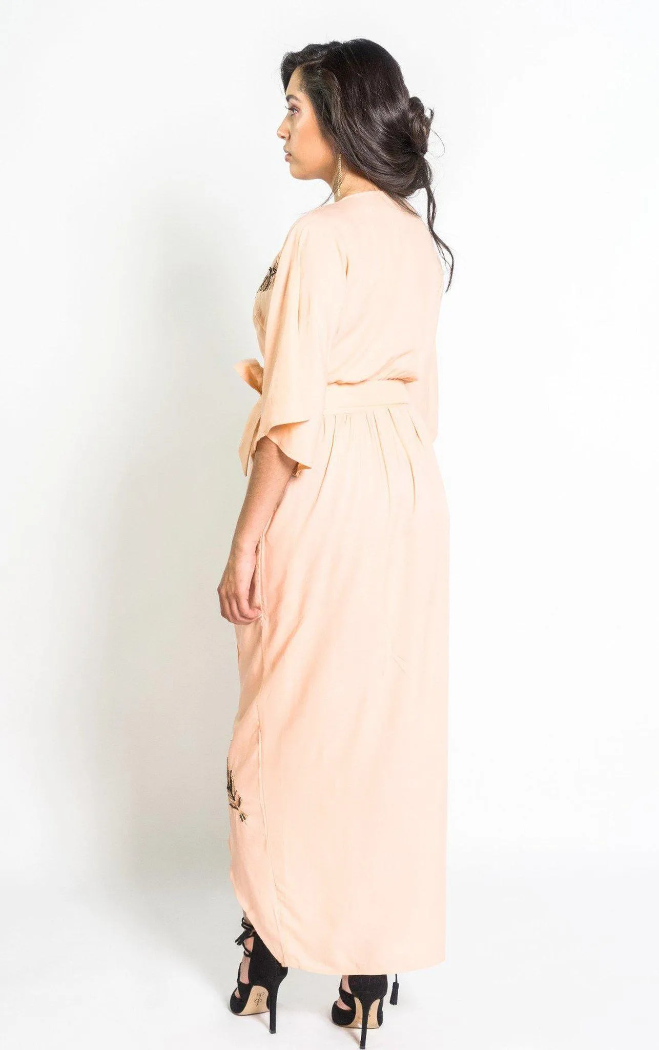 Beaded Peacock Feather Maxi Wrap in Blush