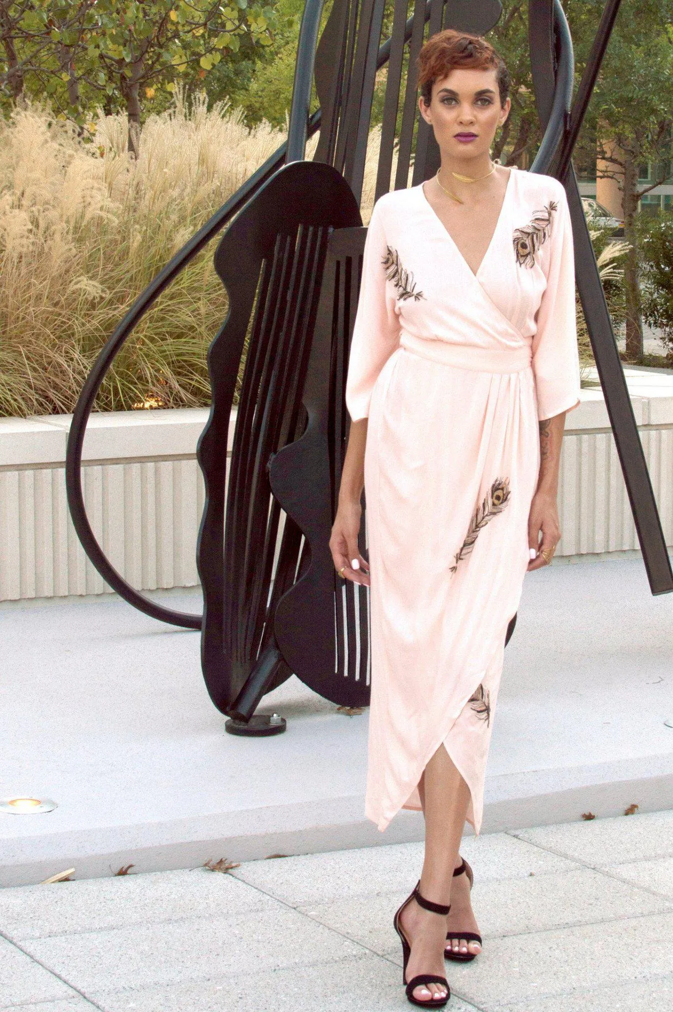 Beaded Peacock Feather Maxi Wrap in Blush