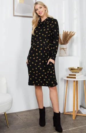 Bee Print Cowl Neck Sweater Dress