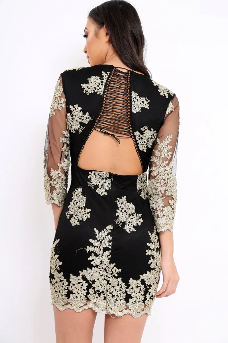 Black And Gold Lace Up Back Mini Dress - Cloe