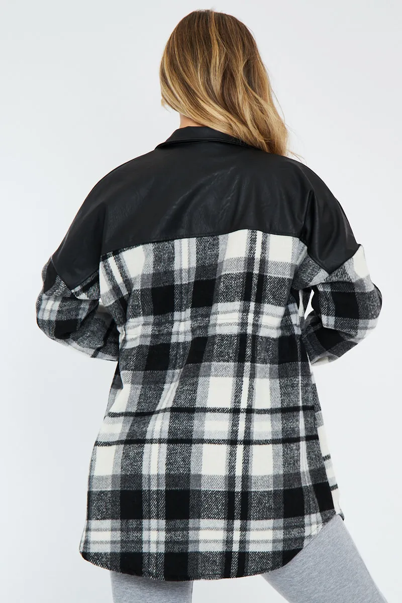 Black Checked Leather Contrast Pocket Front Shacket - Ciana