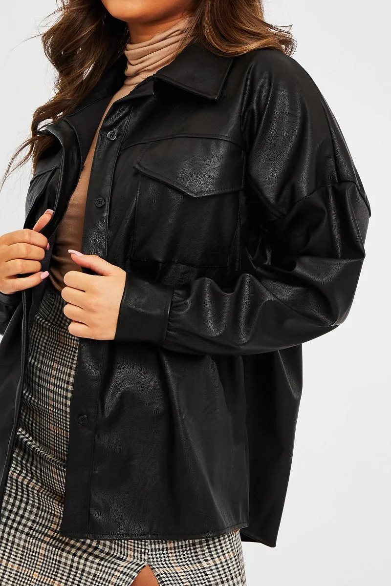 Black Faux Leather Shacket - Leiyah