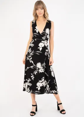 Black Floral Midi Wrap Dress