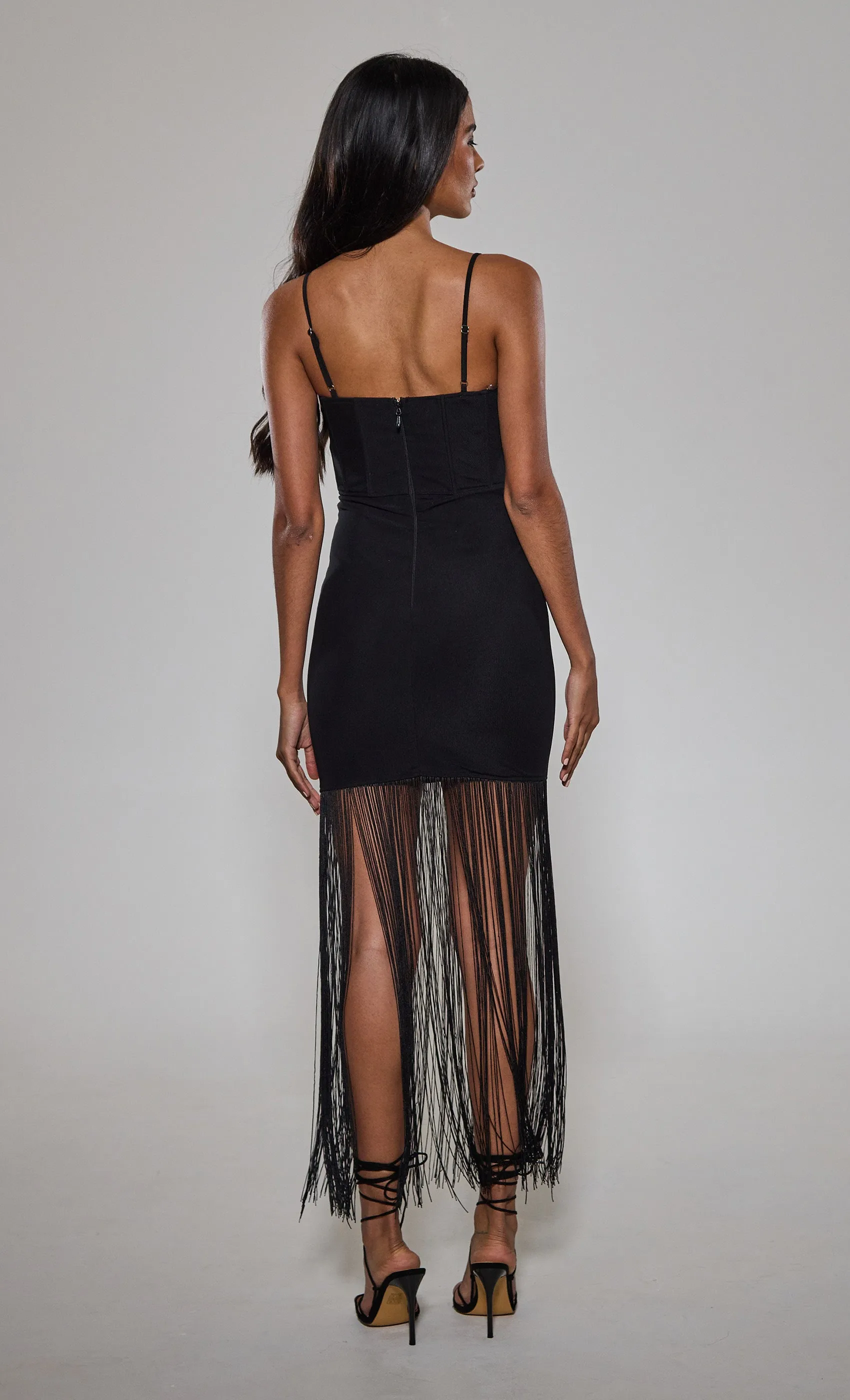 Black Fringe Trim Corset Dress