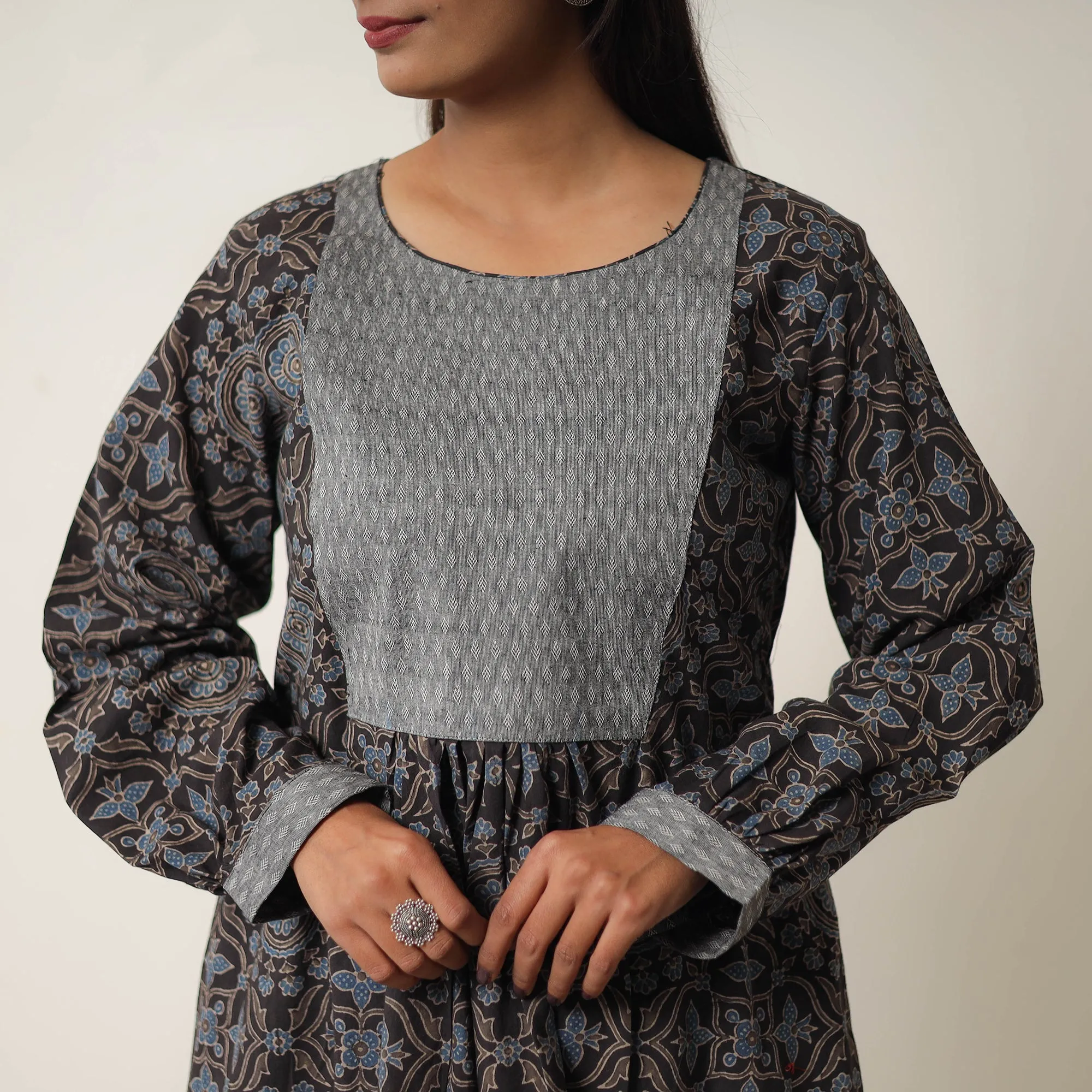 Black - Hand Block Print Cotton Flared Gher Ajrakh Dress 12