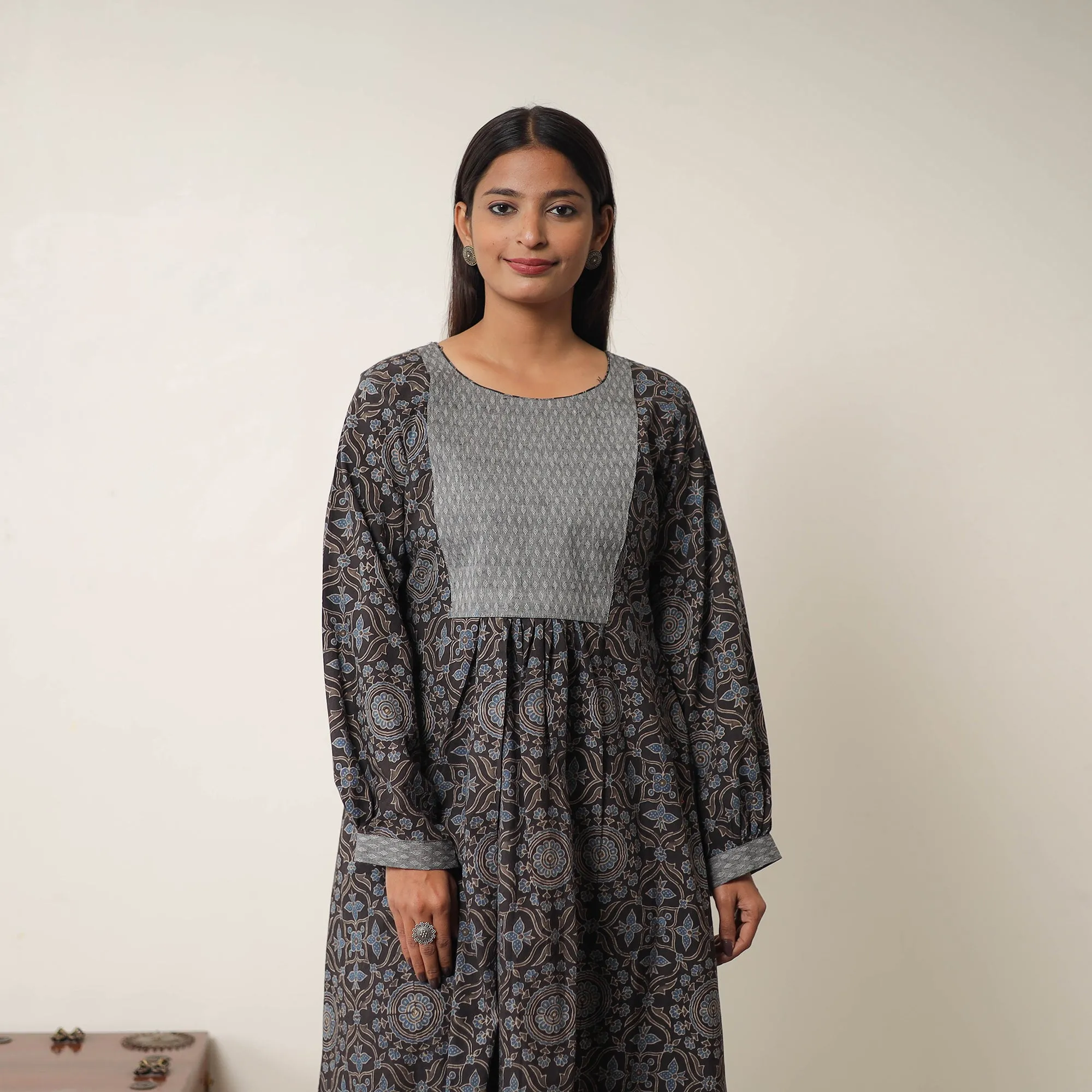 Black - Hand Block Print Cotton Flared Gher Ajrakh Dress 12