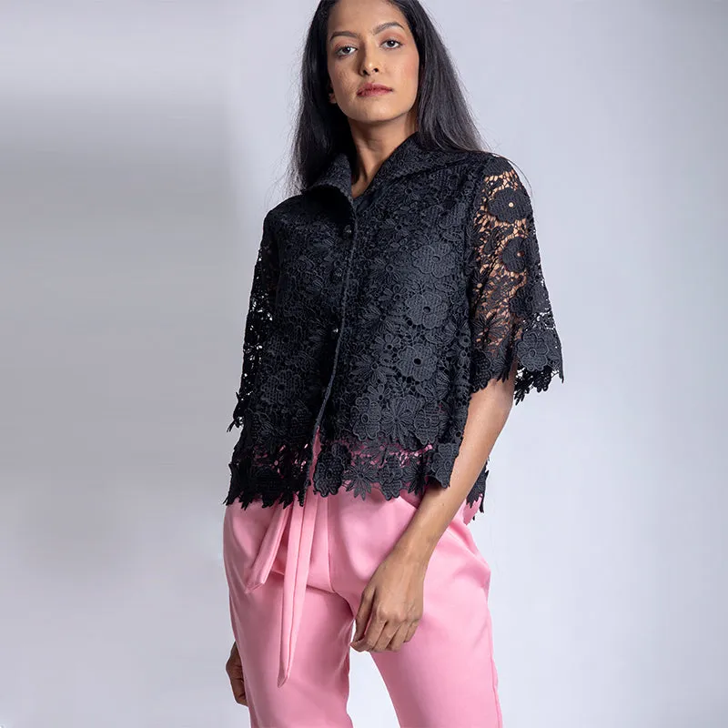 Black Lace Cutwork Shirt