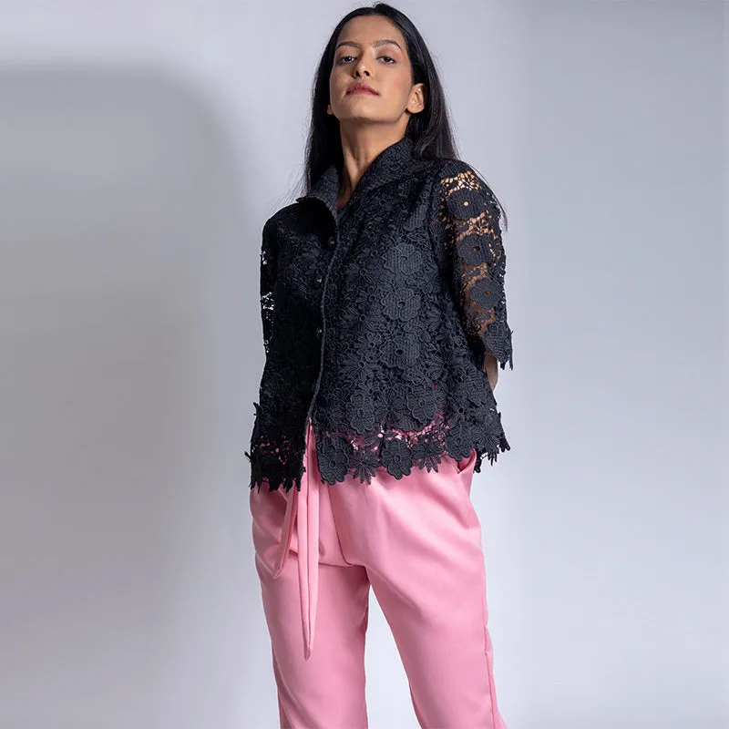 Black Lace Cutwork Shirt