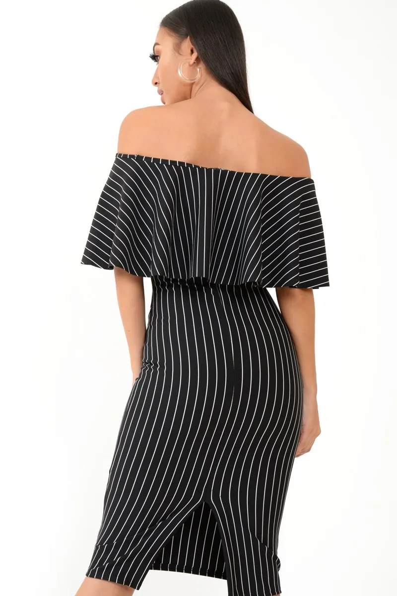 Black Pinstripe Frill Bardot Bodycon Midi Dress -Jovey