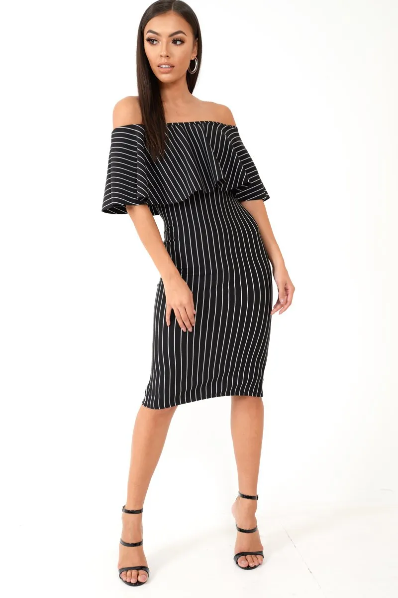 Black Pinstripe Frill Bardot Bodycon Midi Dress -Jovey