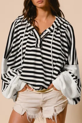 Black White Striped Waffle Patchwork Baggy Hooded Top