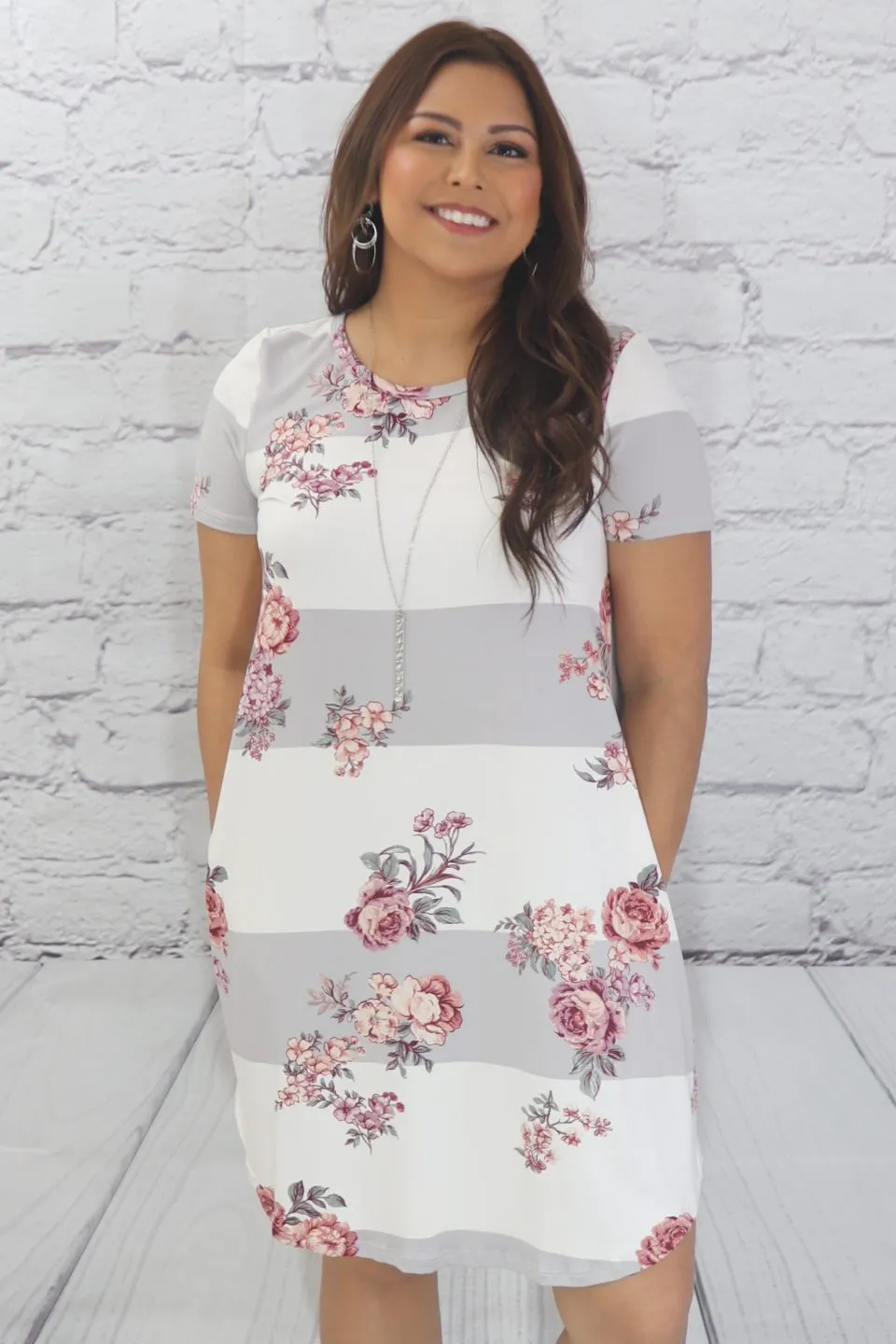 Block and floral dress with side pockets