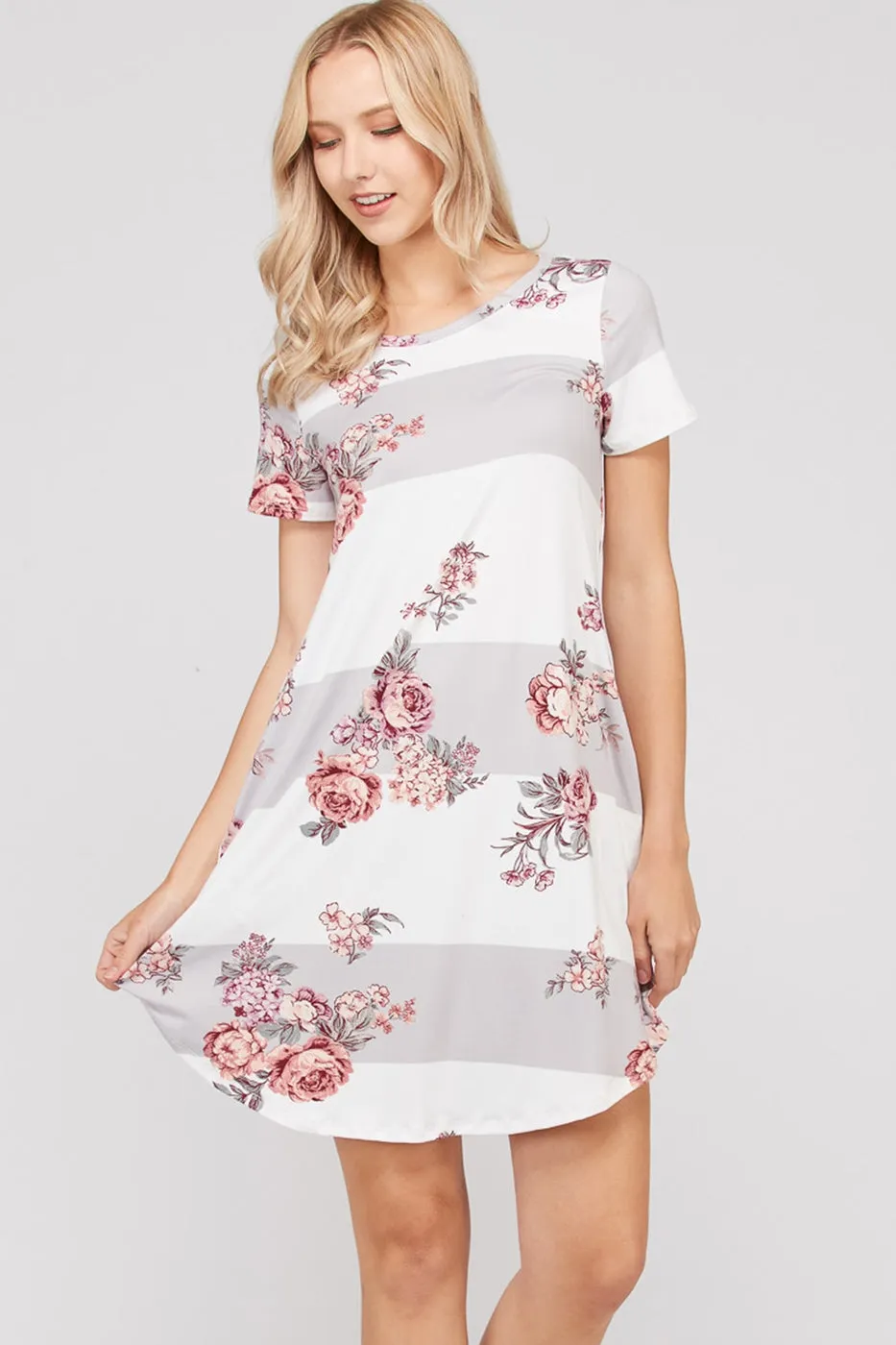 Block and floral dress with side pockets