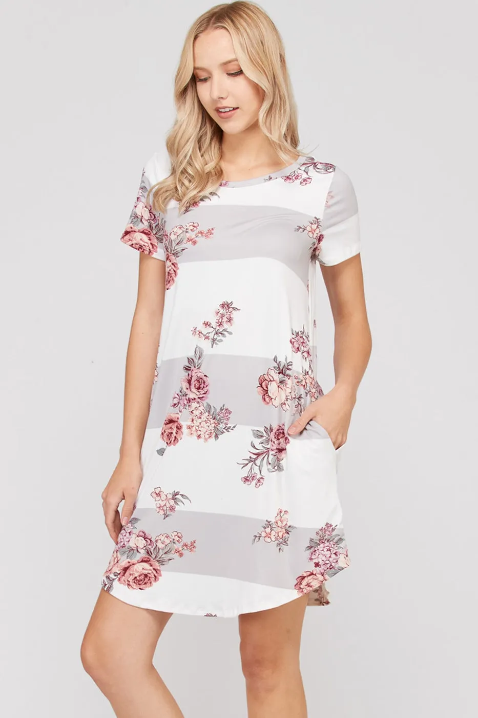 Block and floral dress with side pockets