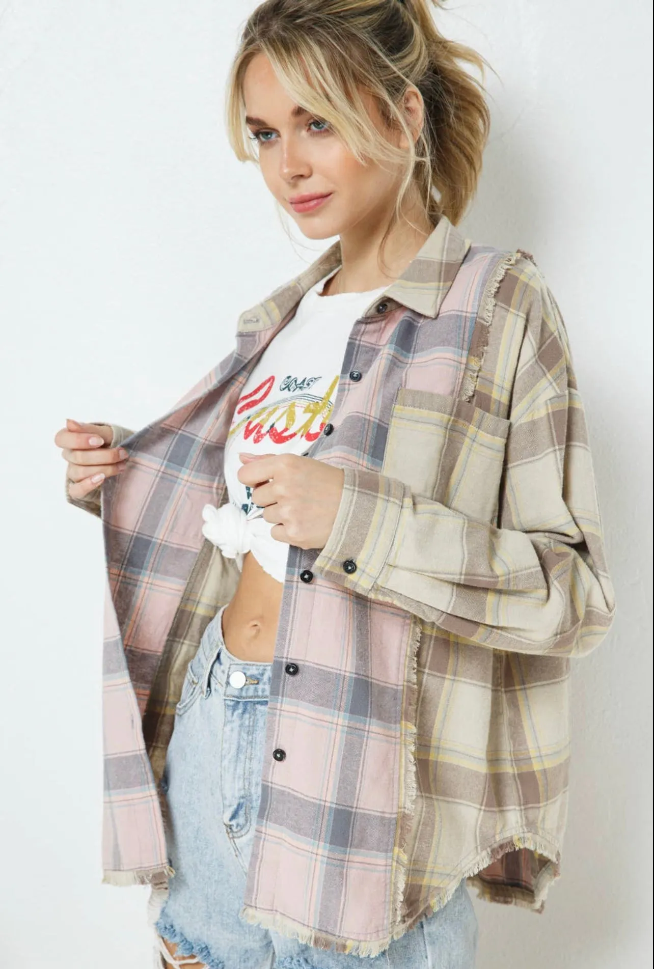 Blue B Mixed Media Spring Plaid Boyfriend Shirt