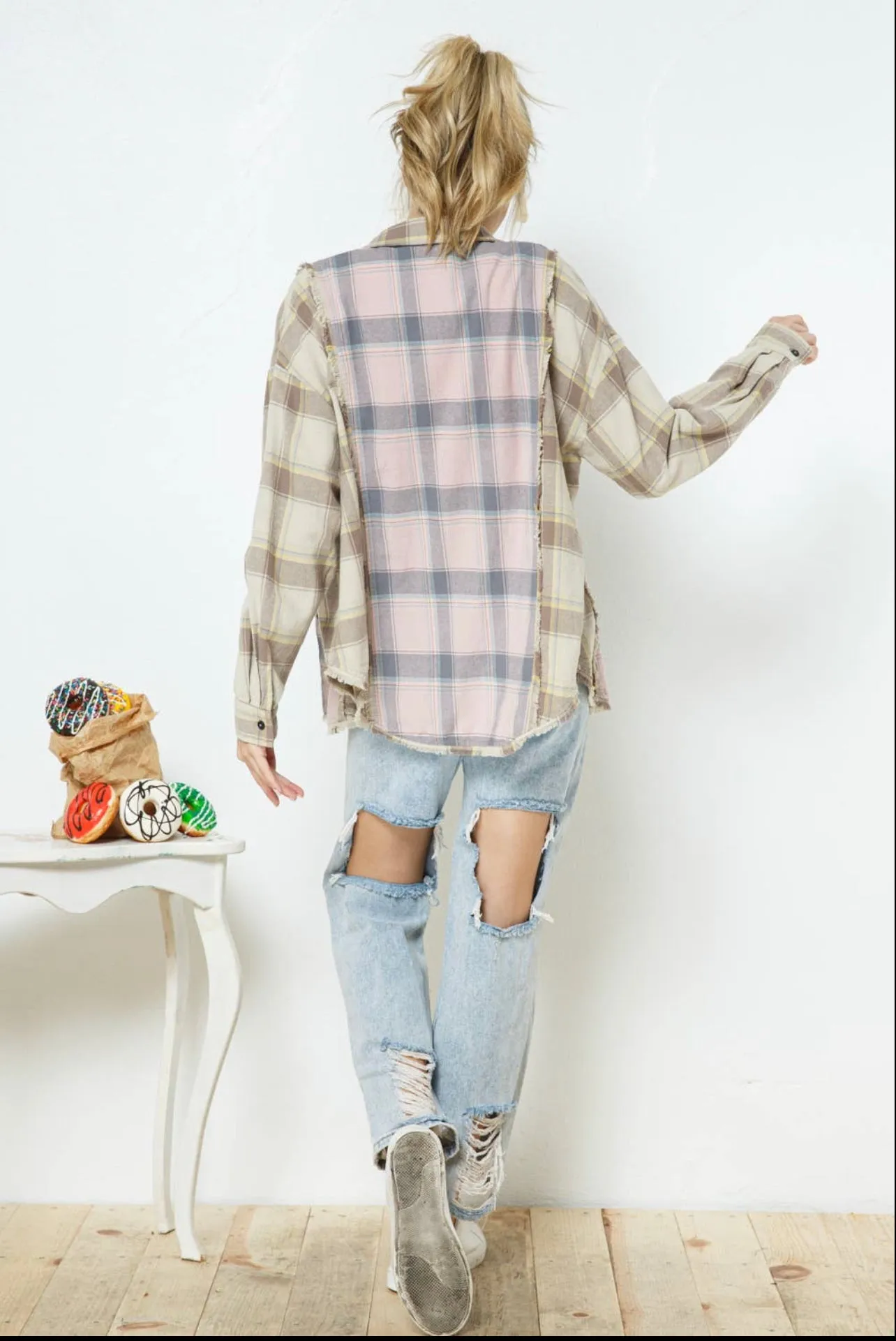 Blue B Mixed Media Spring Plaid Boyfriend Shirt