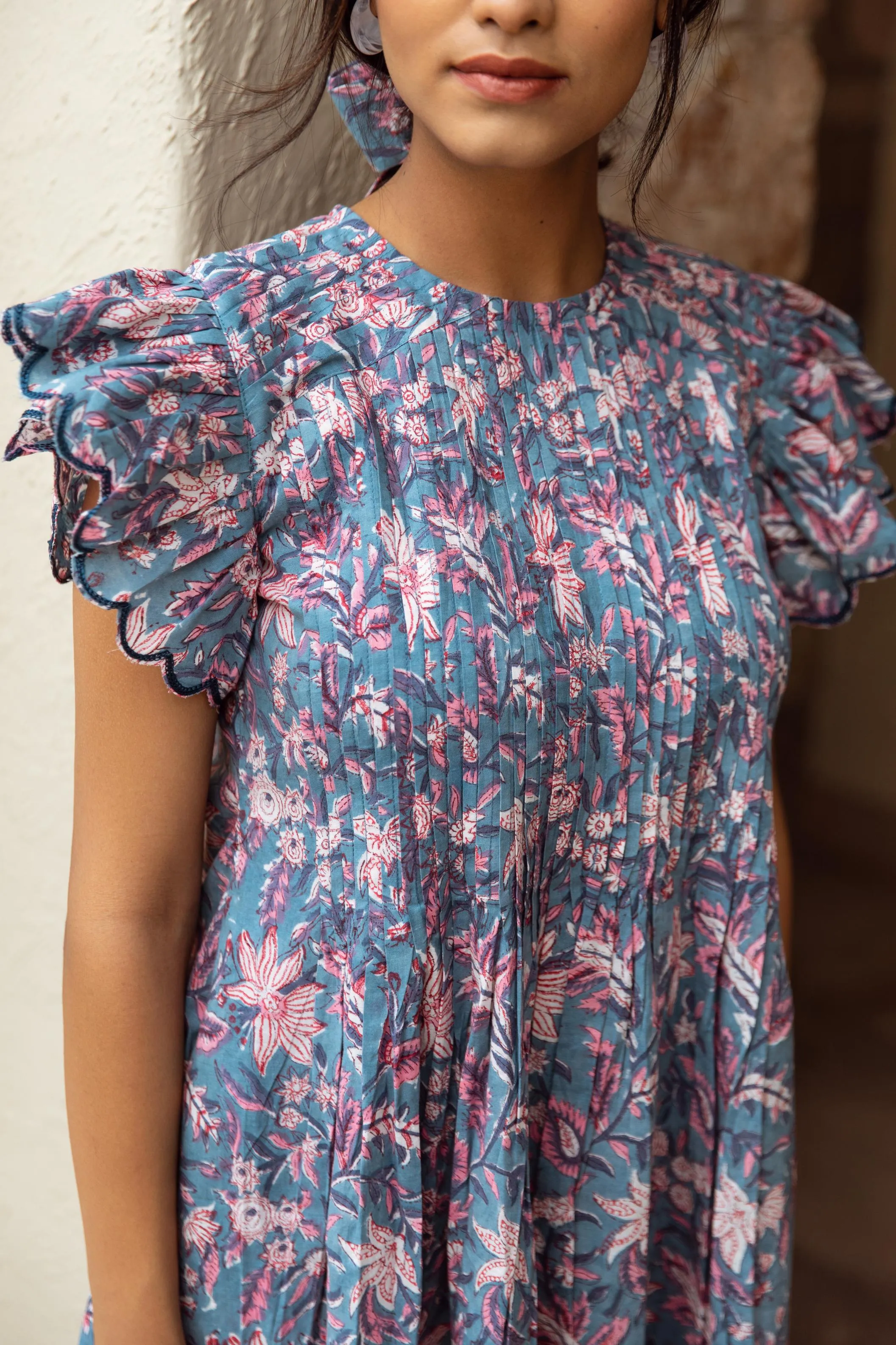 Blue cotton handblock print dress