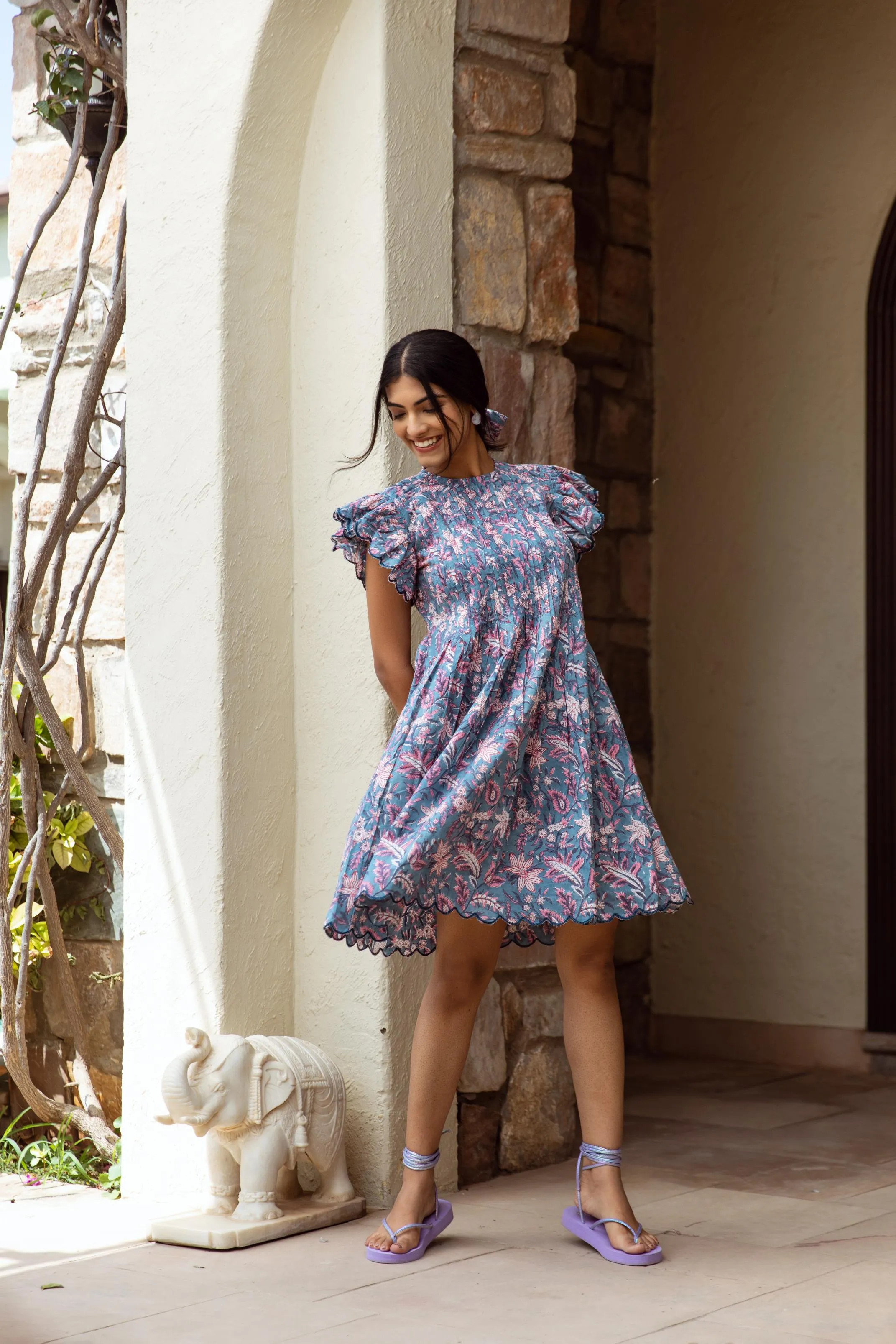 Blue cotton handblock print dress